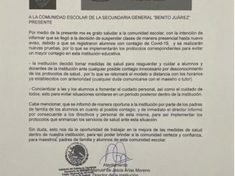 Suspenden clases en secundaria de Fresnillo por casos de Covid-19.