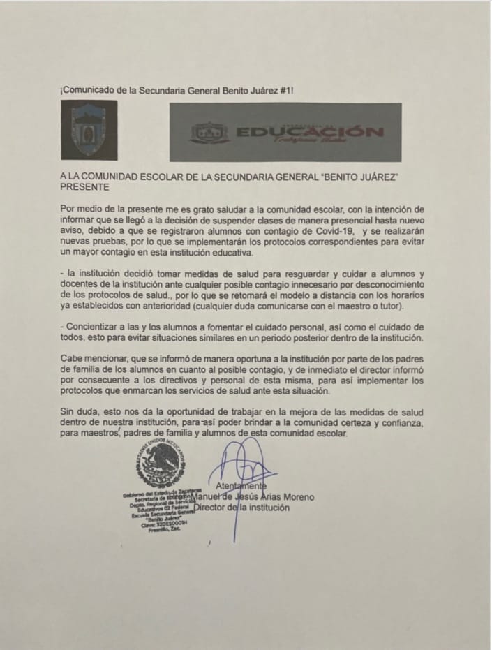 Suspenden clases en secundaria de Fresnillo por casos de Covid-19.