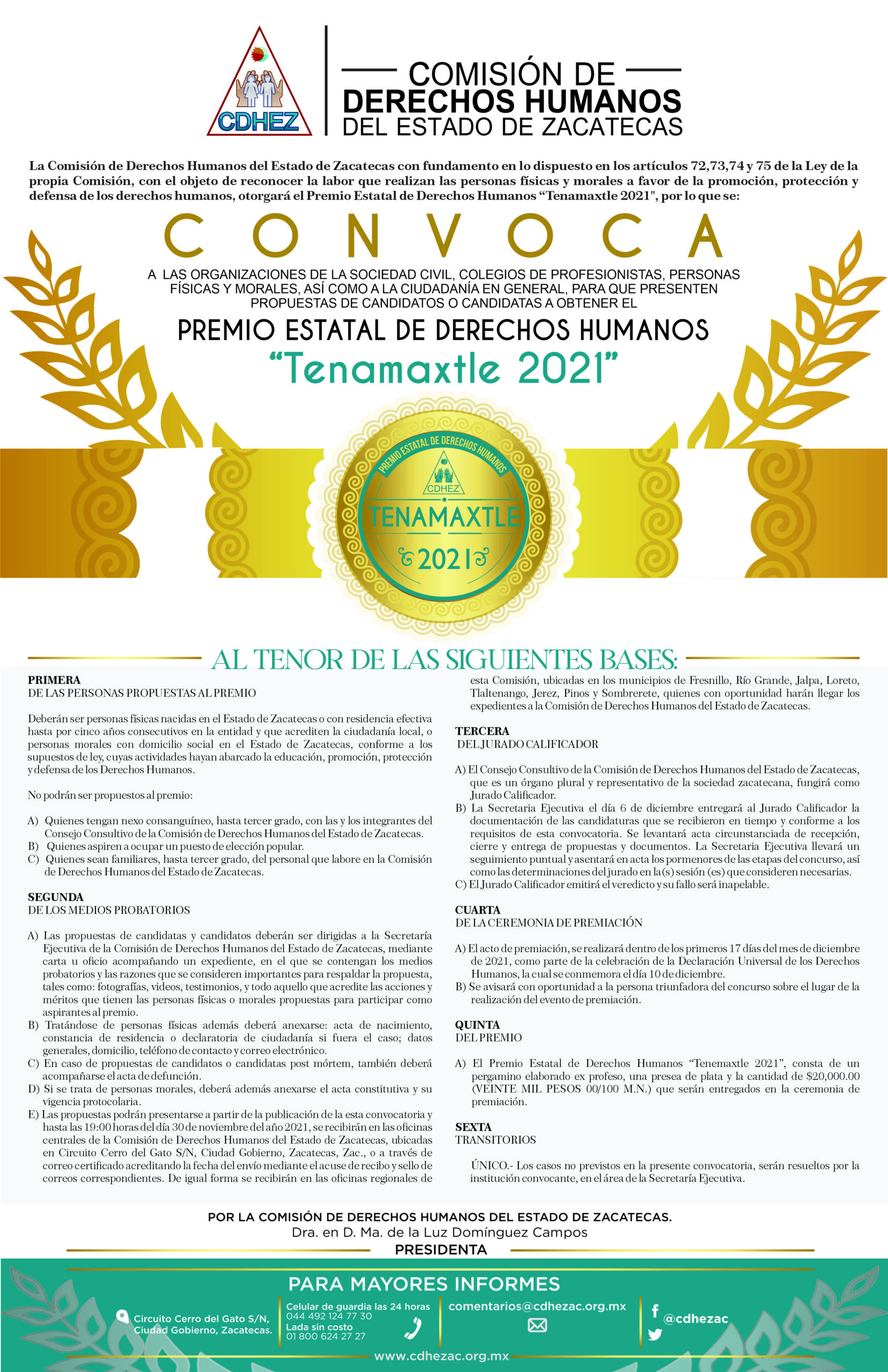La CDHEZ convoca al Premio de Estatal de Derechos Humanos “Tenamaxtle 2021”
