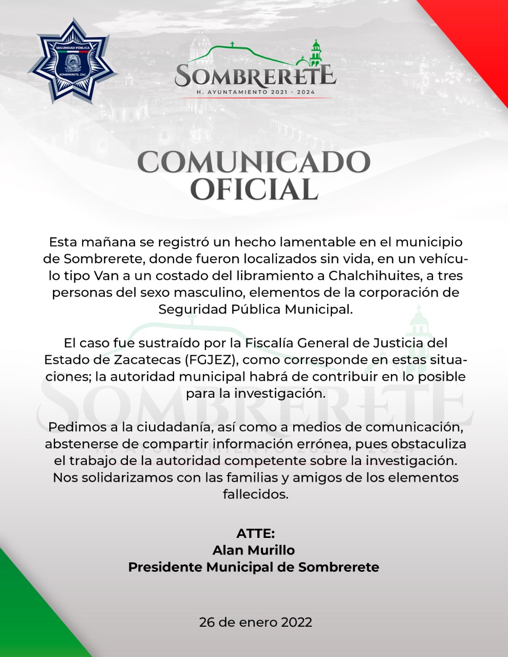 Ya van 11 policías asesinados; matan a tres en Sombrerete