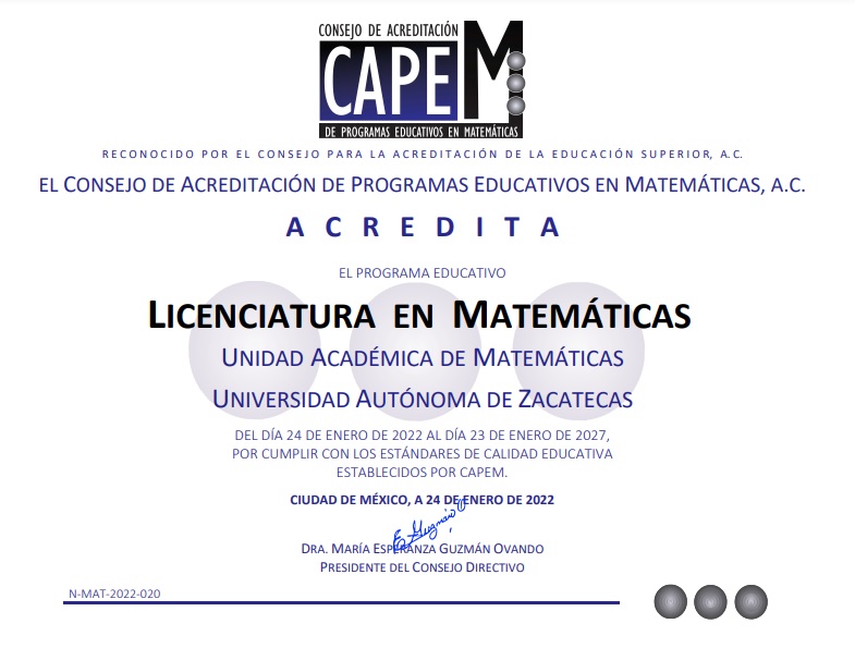 Licenciatura en Matemáticas de la UAZ se reacredita ante la CAPEM