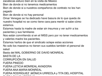 Denuncian falta de medicamentos y de personal en hospitales de Zacatecas