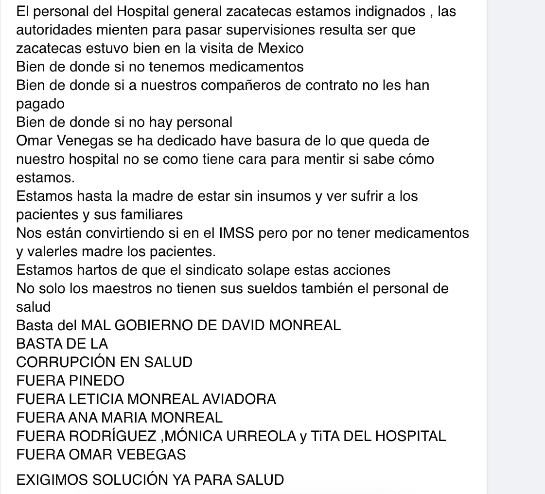 Denuncian falta de medicamentos y de personal en hospitales de Zacatecas