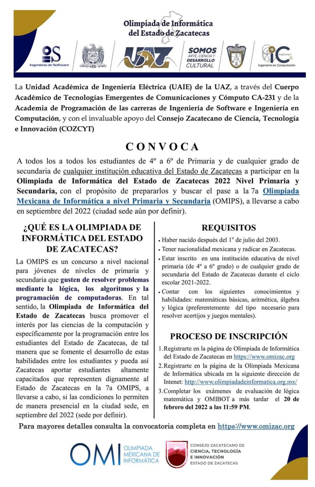 UAZ convoca a participar en la Olimpiada de Informática del Estado de Zacatecas a nivel Primaria y Secundaria