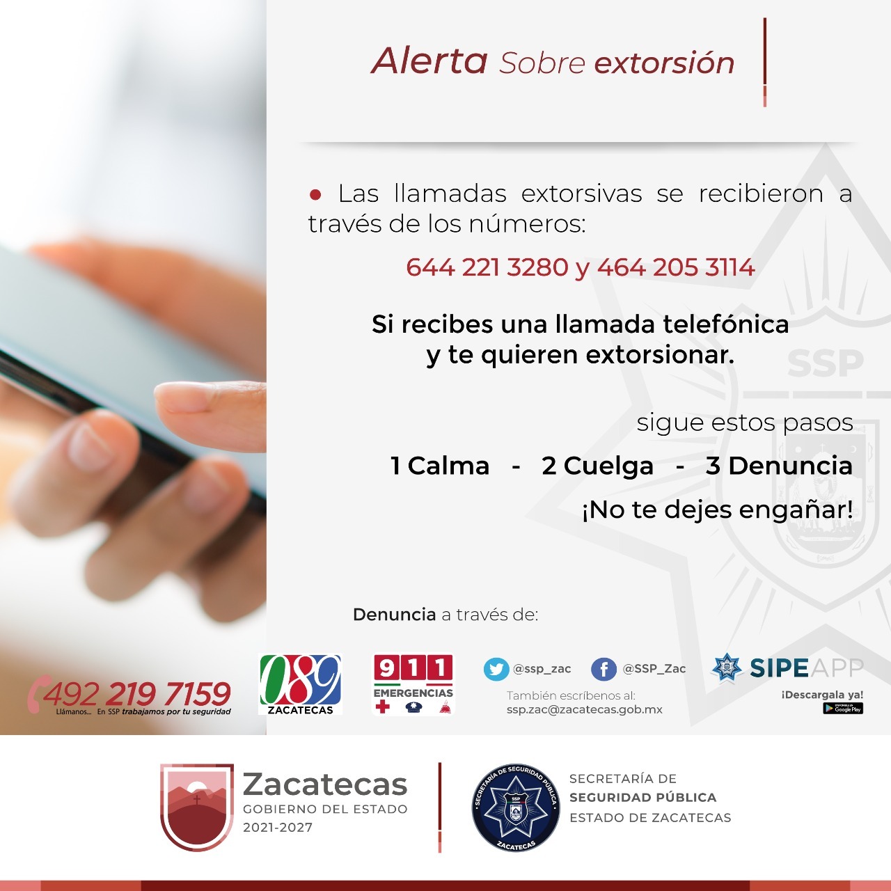SSP desactiva llamada de extorsión y rescata a dos víctimas