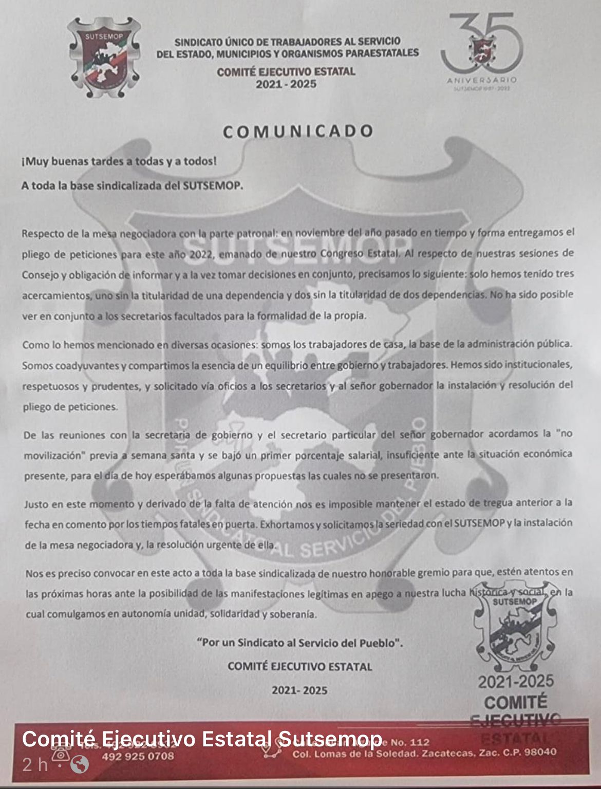 Rompe SUTSEMOP tregua con gobierno