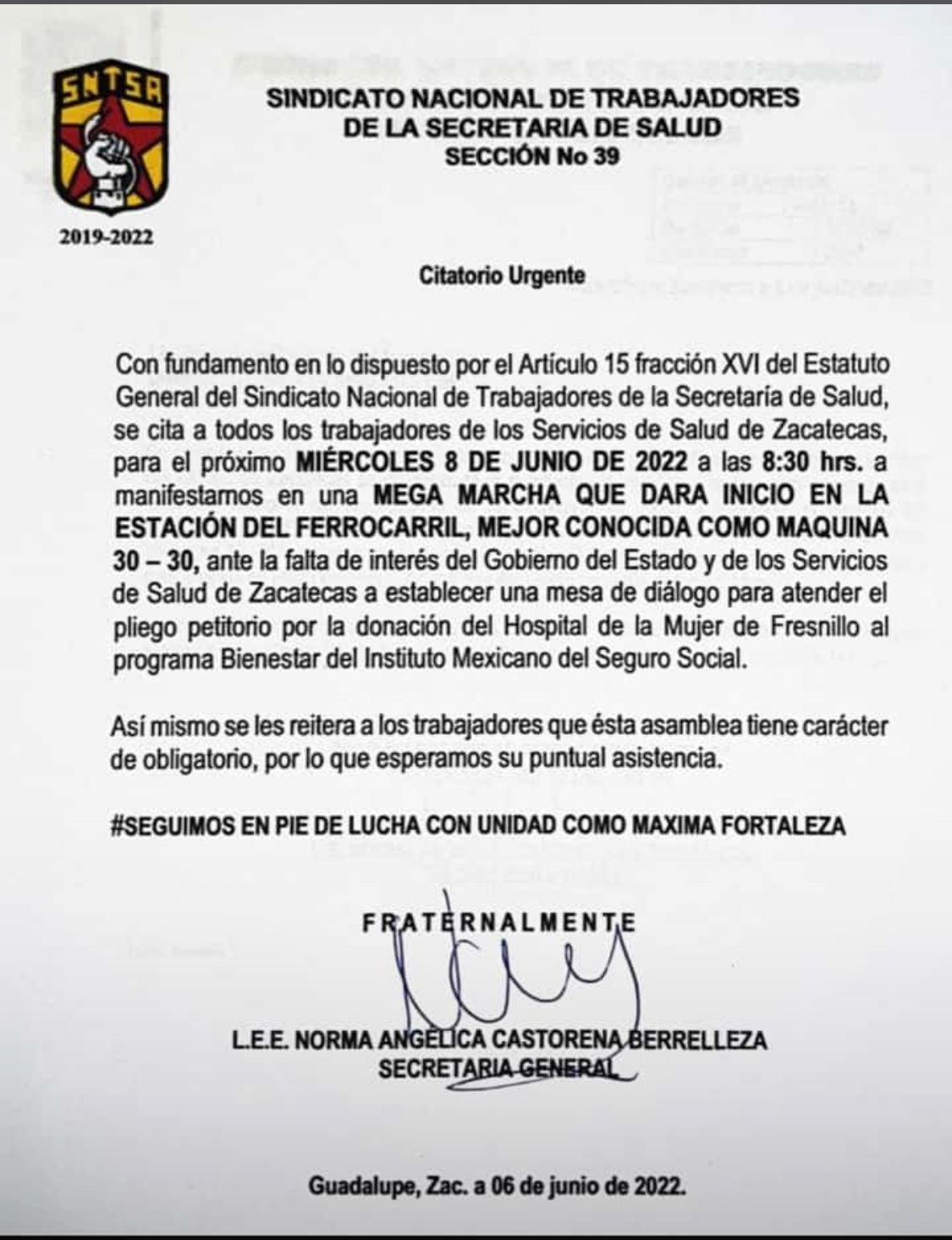 Convoca el Sntsa a megamarcha