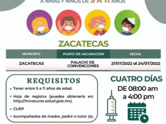 Del 21 al 24, vacuna para niños de Zacatecas y Guadalupe