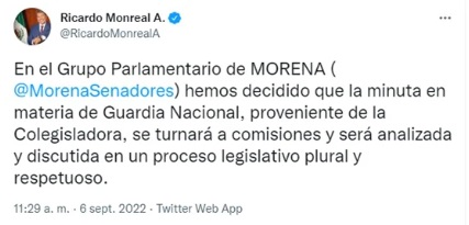 No habrá fast track sobre GN y la Sedena: Monreal