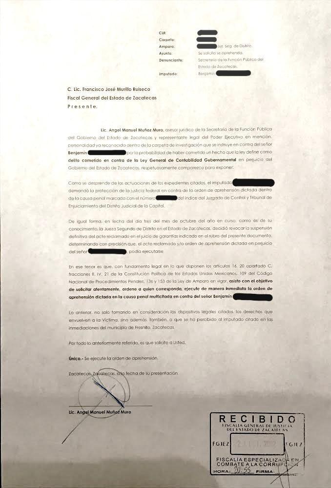 Solicita la SFP ejecutar orden de aprehensión contra Benjamín «N»