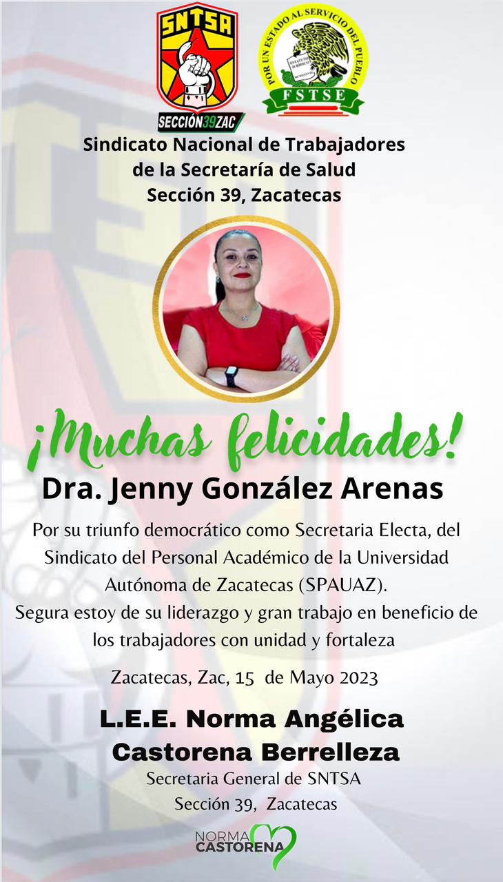 Felicita el Sntsa a Jenny González por su triunfo 