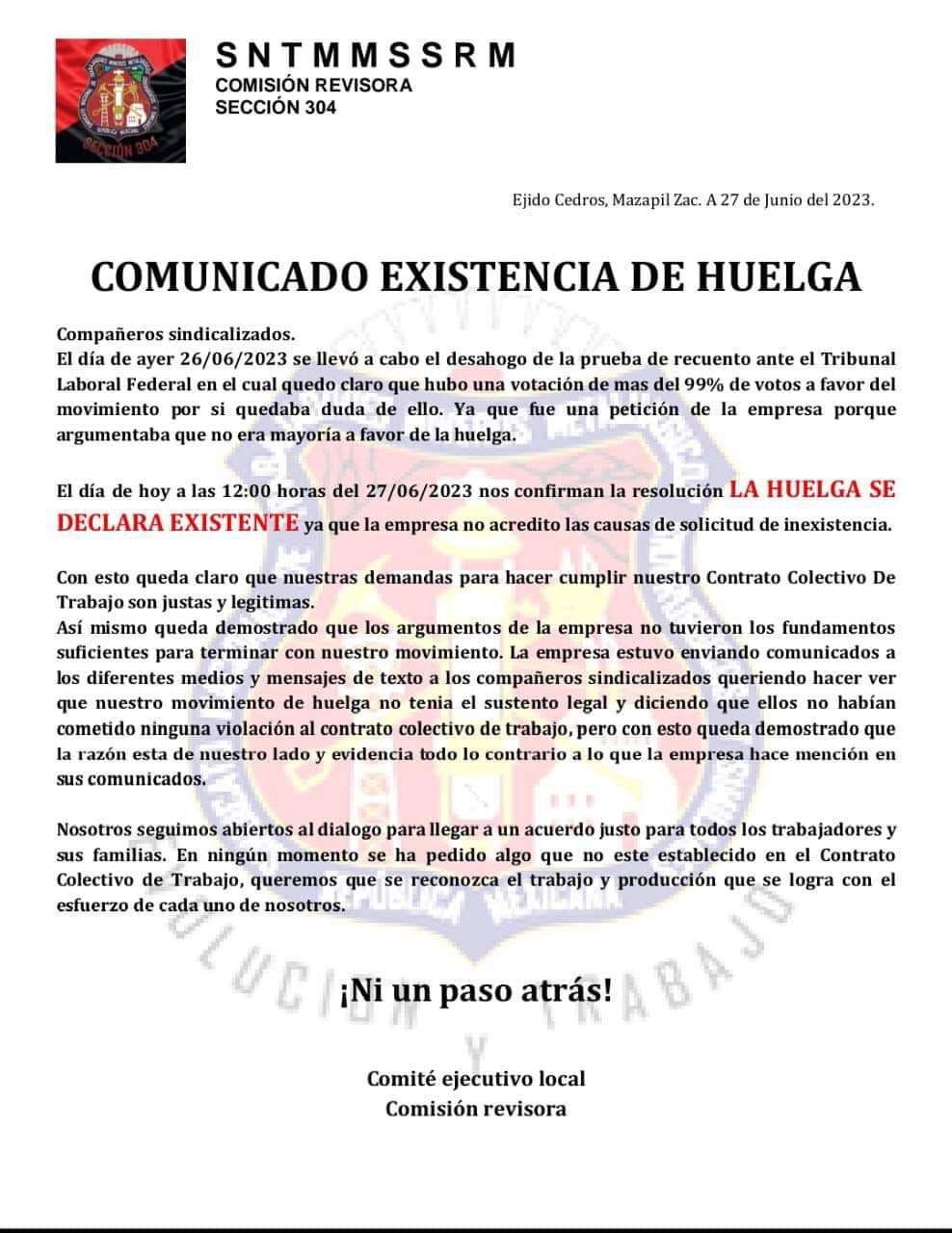 Declaran huelga de Peñasquito legalmente existente