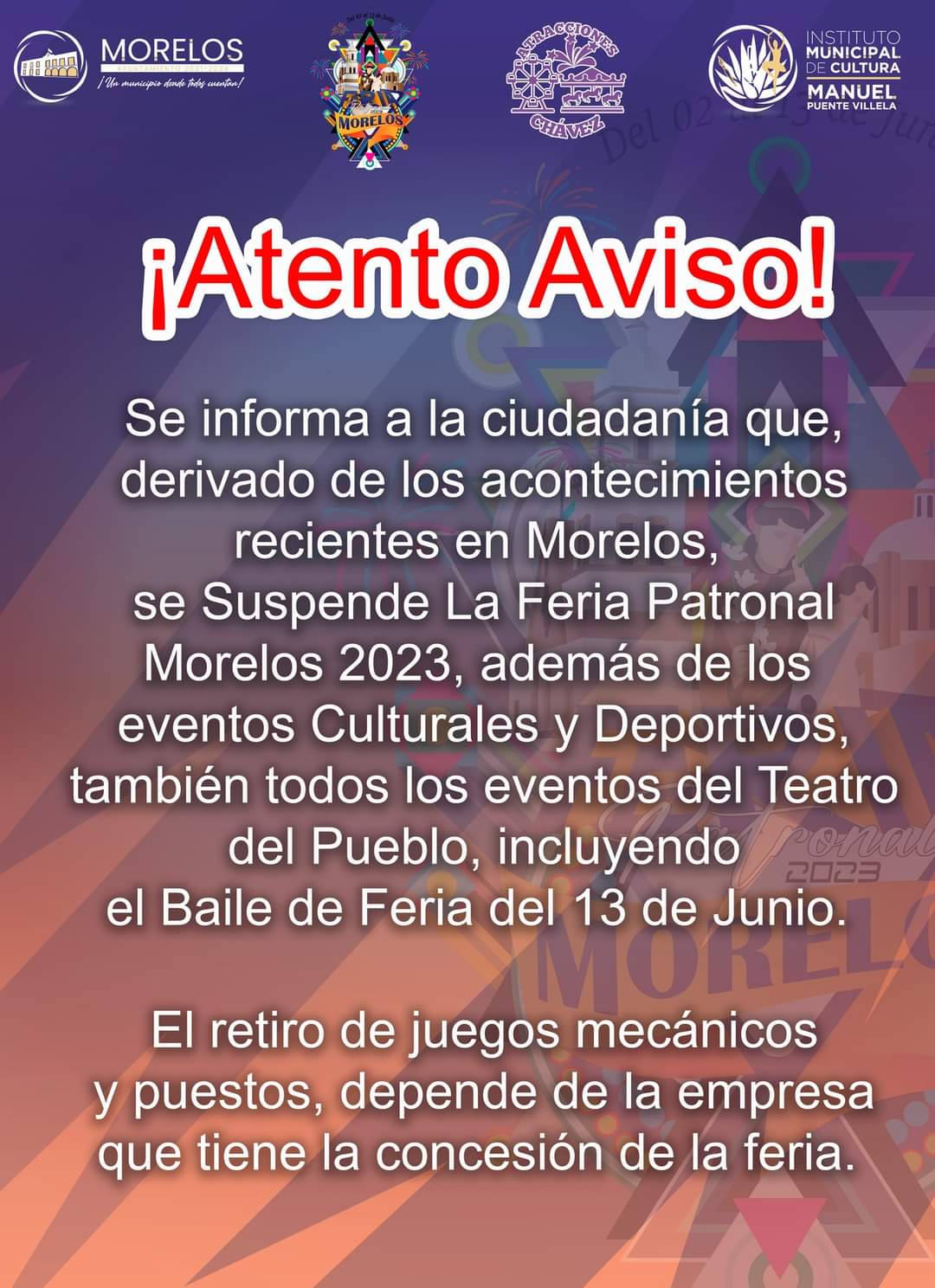 Suspenden feria de Morelos por inseguridad