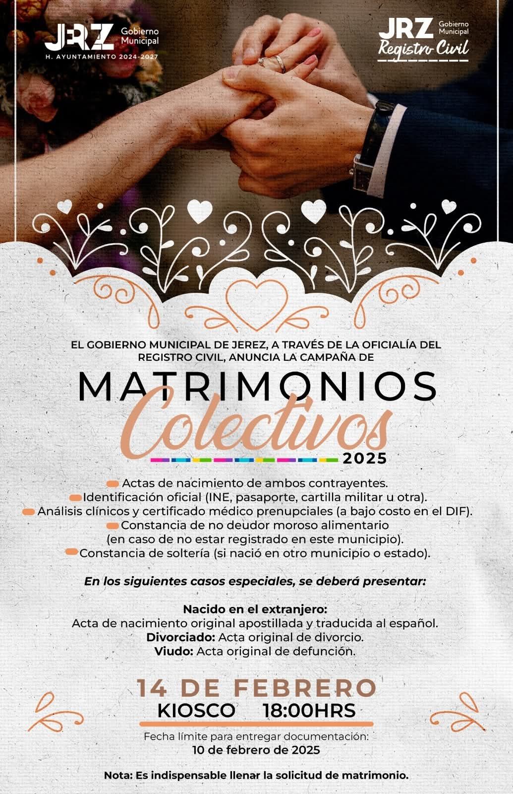Anuncian matrimonios colectivos en Jerez