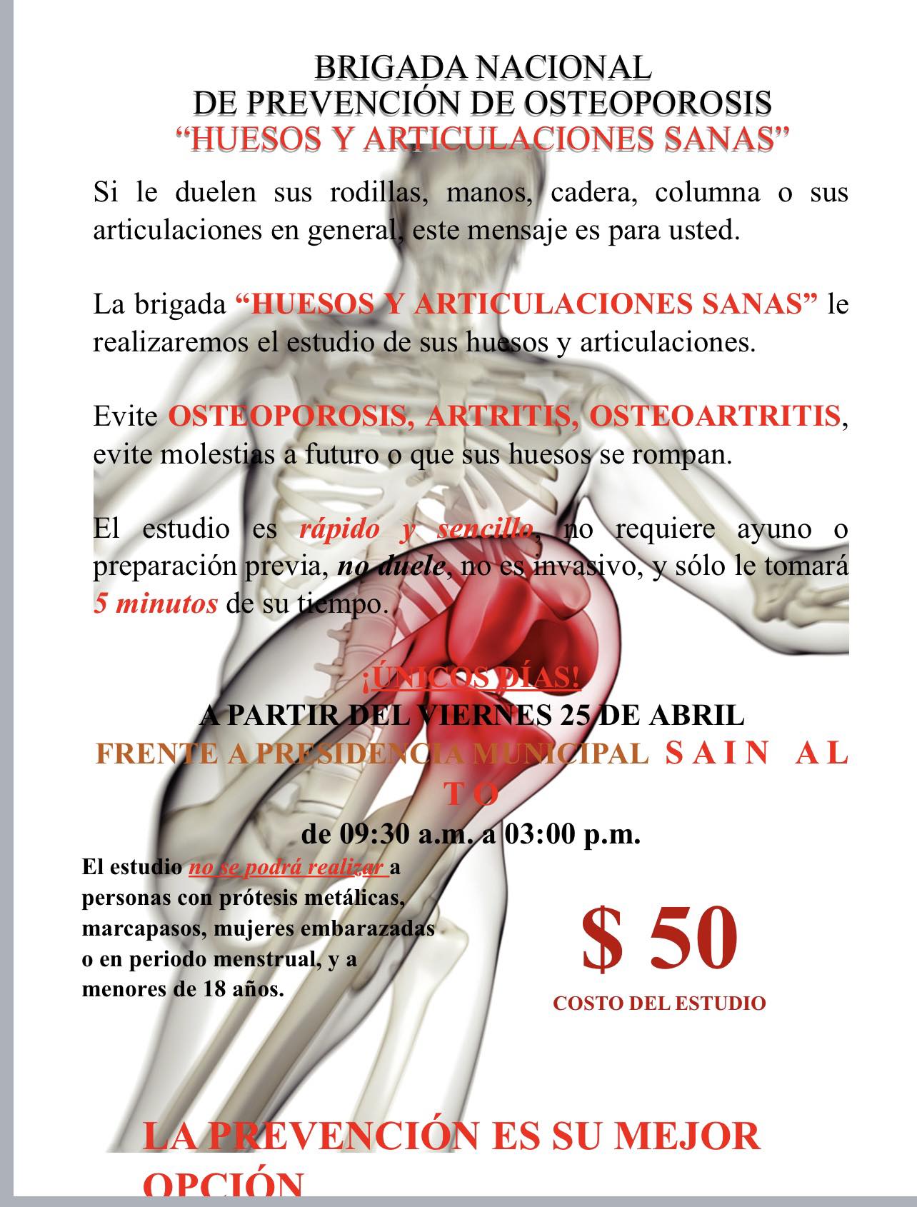 Anuncian en Sain Alto jornada de prevención de enfermedades óseas