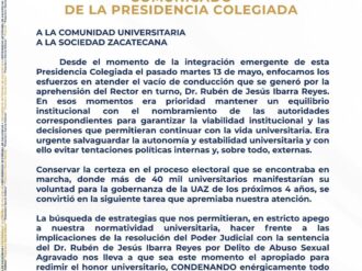 Se pronuncia la Presidencia Colegiada de la UAZ