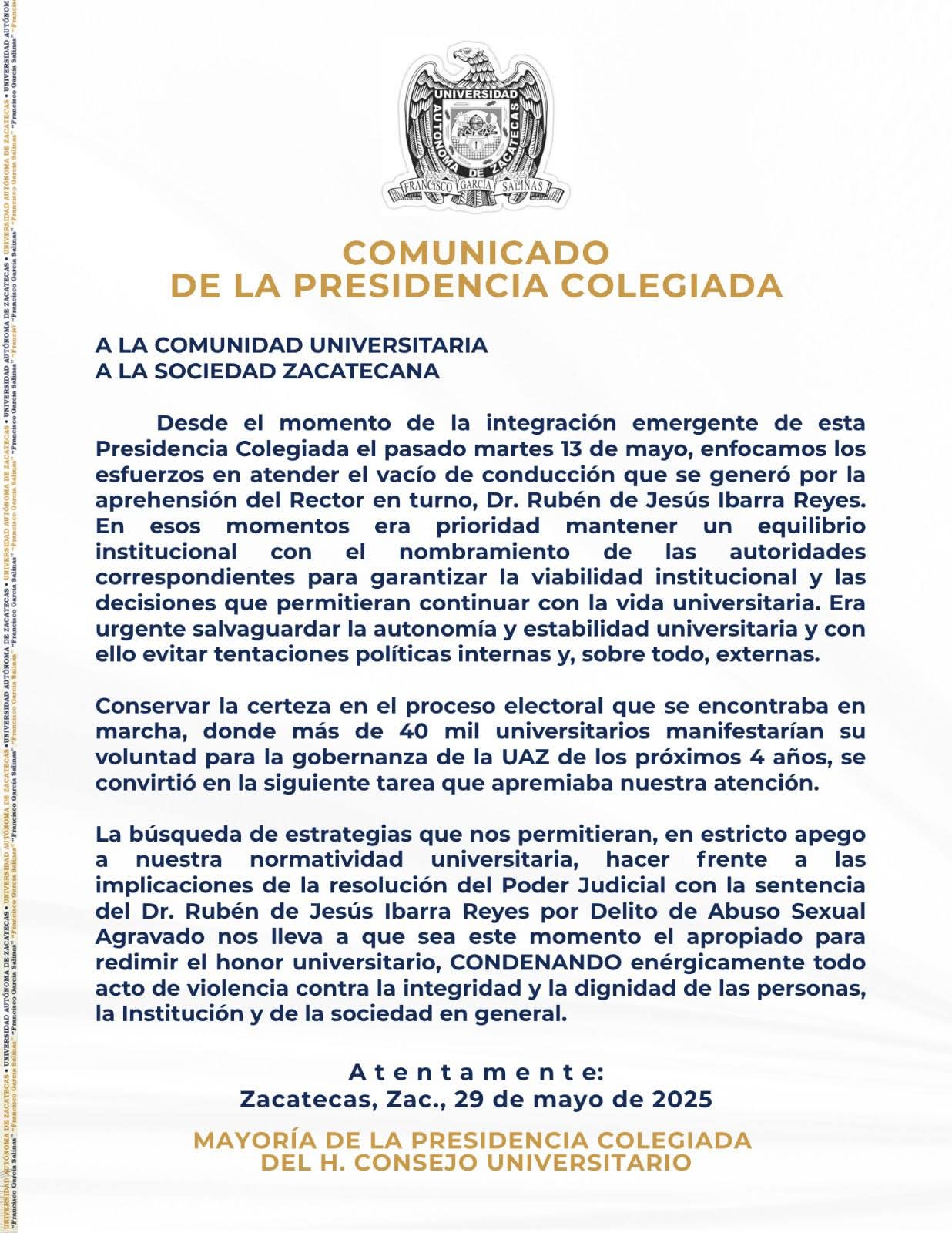 Se pronuncia la Presidencia Colegiada de la UAZ