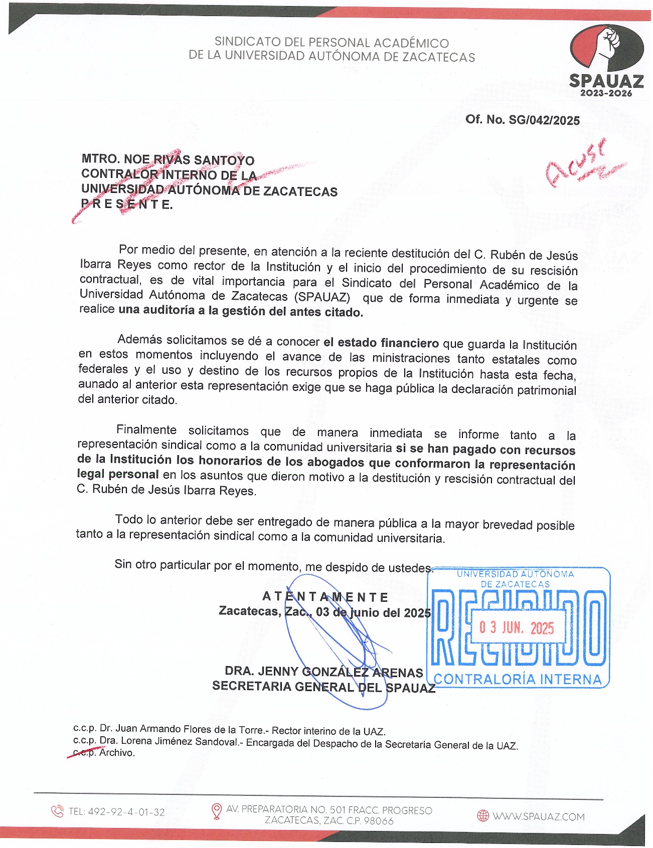 Exige el SPAUAZ claridad y transparencia en la gestión y defensa de Rubén Ibarra