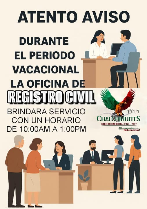 Habrá guardia del Registro Civil de Chalchihuites