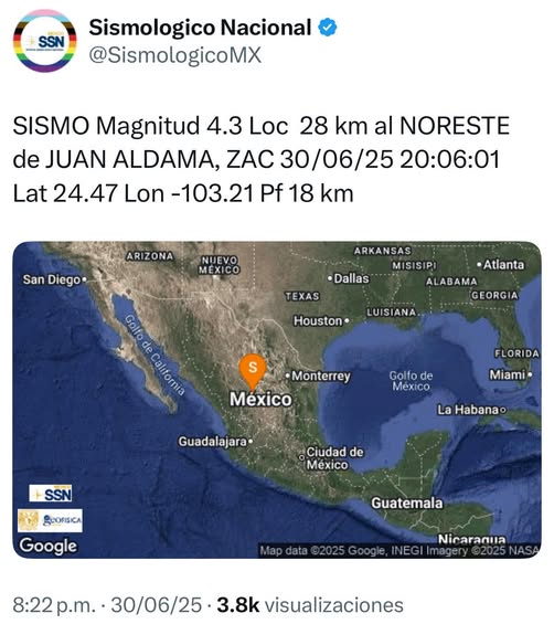 Se registra sismo en Juan Aldama