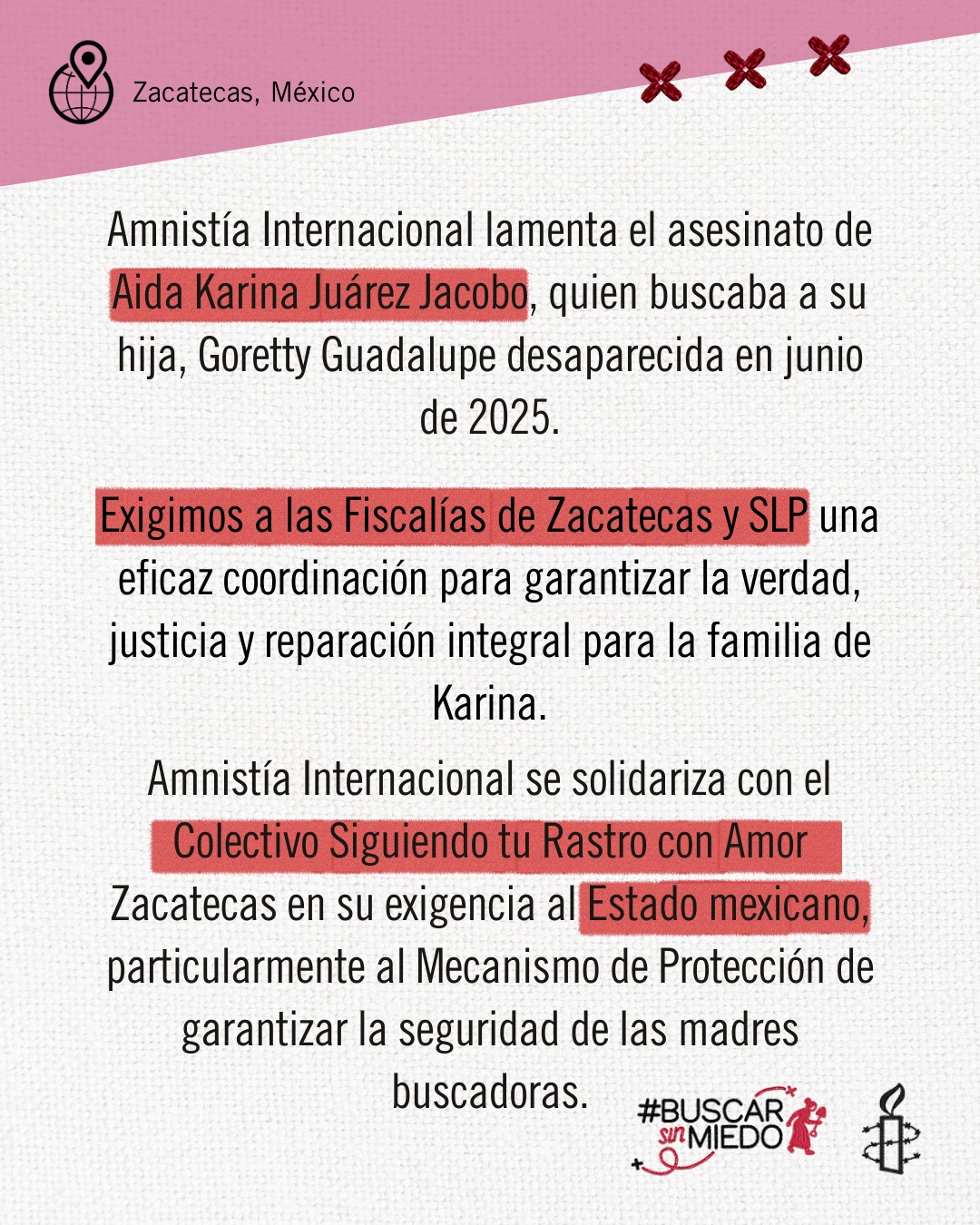 Lamenta Amnistia Internacional asesinato de la madre buscadora Aida Karina 