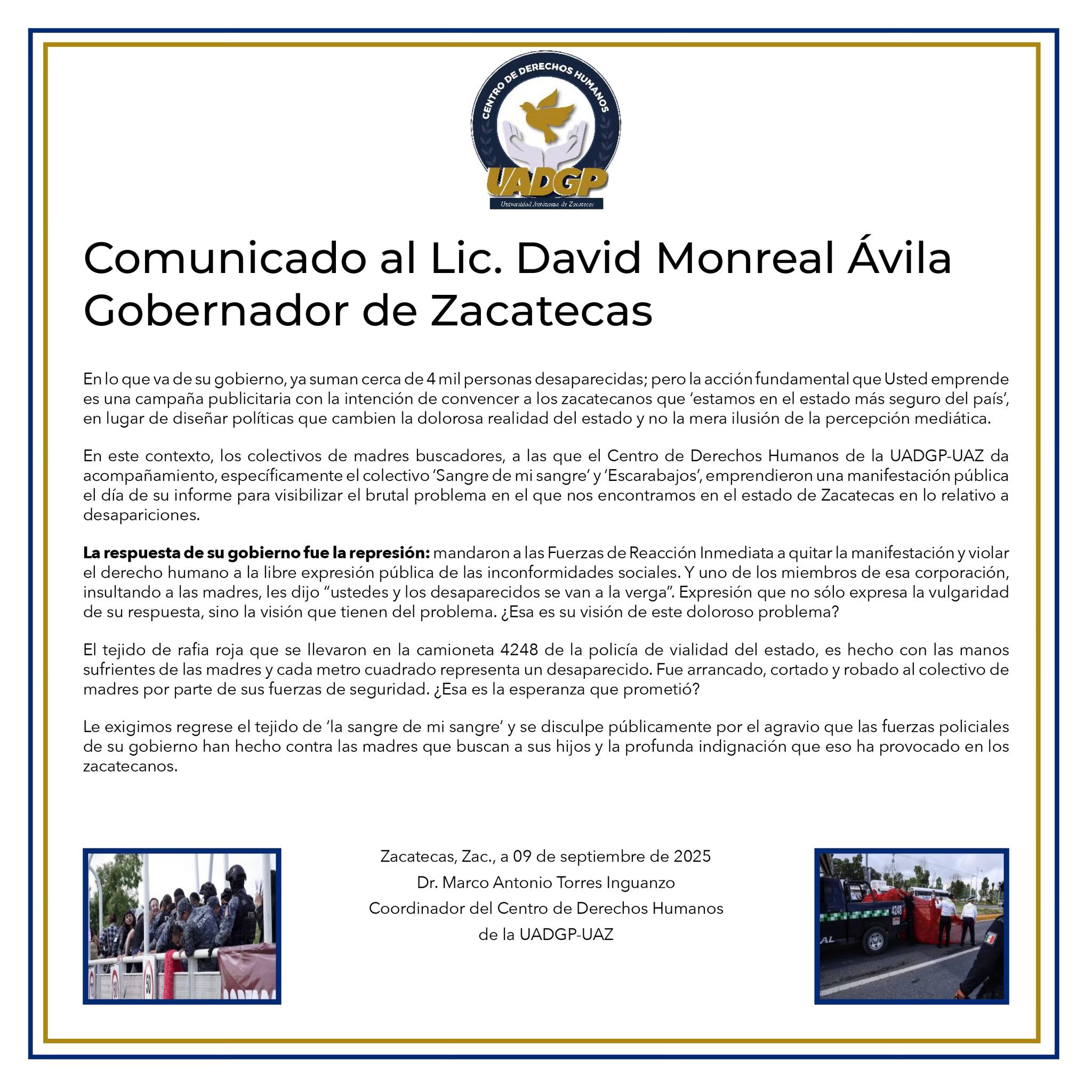 Trabajo de David Monreal Ávila es sólo publicitario; reprochan represión 