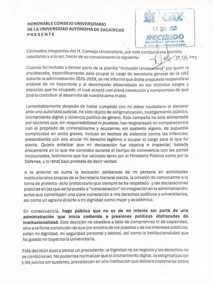 Perla María Trejo dice adiós  a la Secretaría General de la UAZ