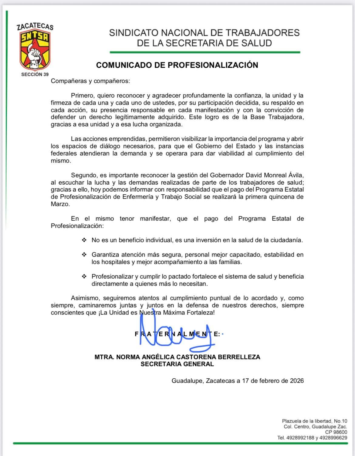 Reconoce Norma Castorena unidad del Sntsa 