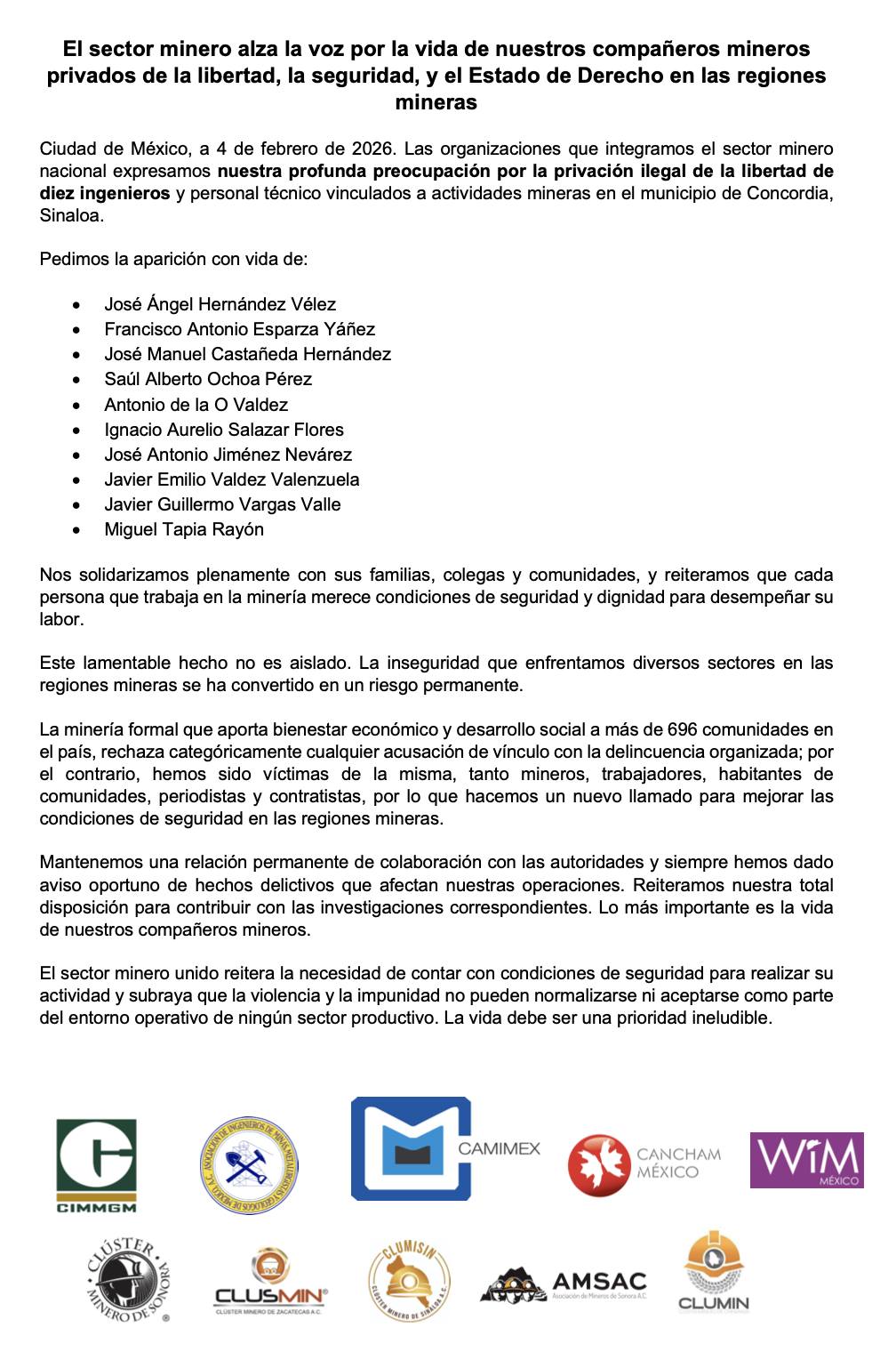 Sector minero exige localización de los 10 trabajadores desaparecidos 