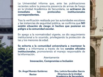 Descarta UAZ situación de riesgo  tras reportes de armas