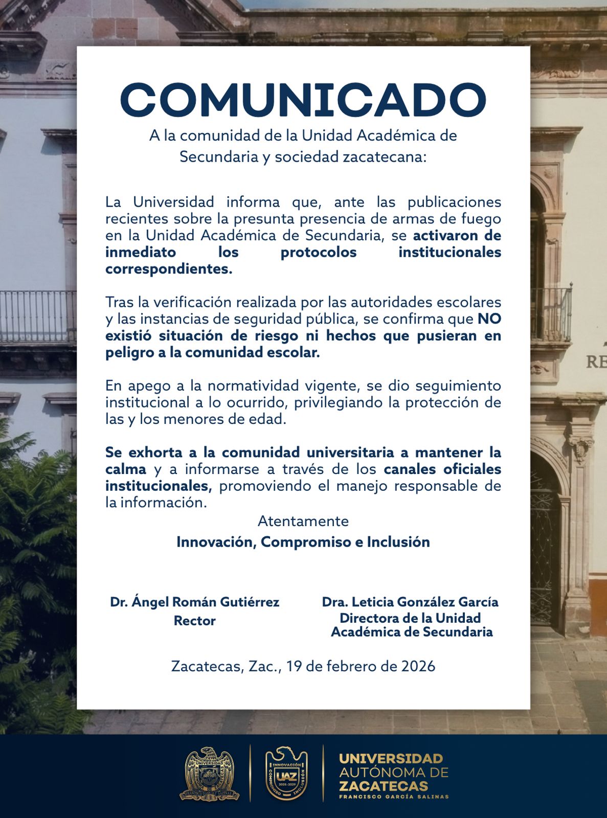 Descarta UAZ situación de riesgo  tras reportes de armas