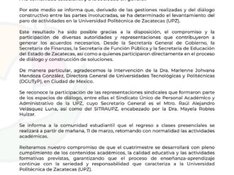 Termina paro en la UPZ; hoy regresan a las aulas