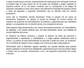Desestima Alimentación para el Bienestar demandas de los campesinos 