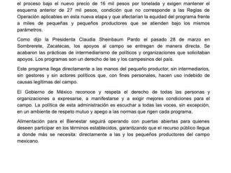 Desestima Alimentación para el Bienestar demandas de los campesinos
