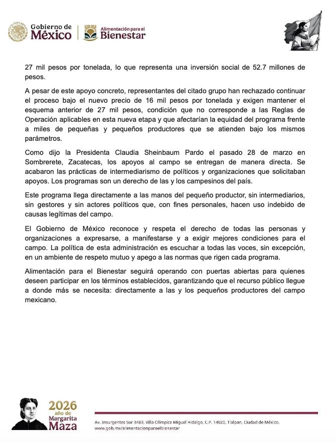 Desestima Alimentación para el Bienestar demandas de los campesinos