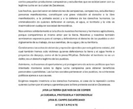 Condena Movimiento en Defensa del Territorio represión contra campesinos en Zacatecas 