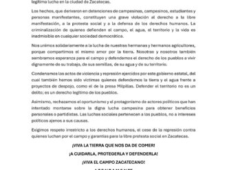 Condena Movimiento en Defensa del Territorio represión contra campesinos en Zacatecas