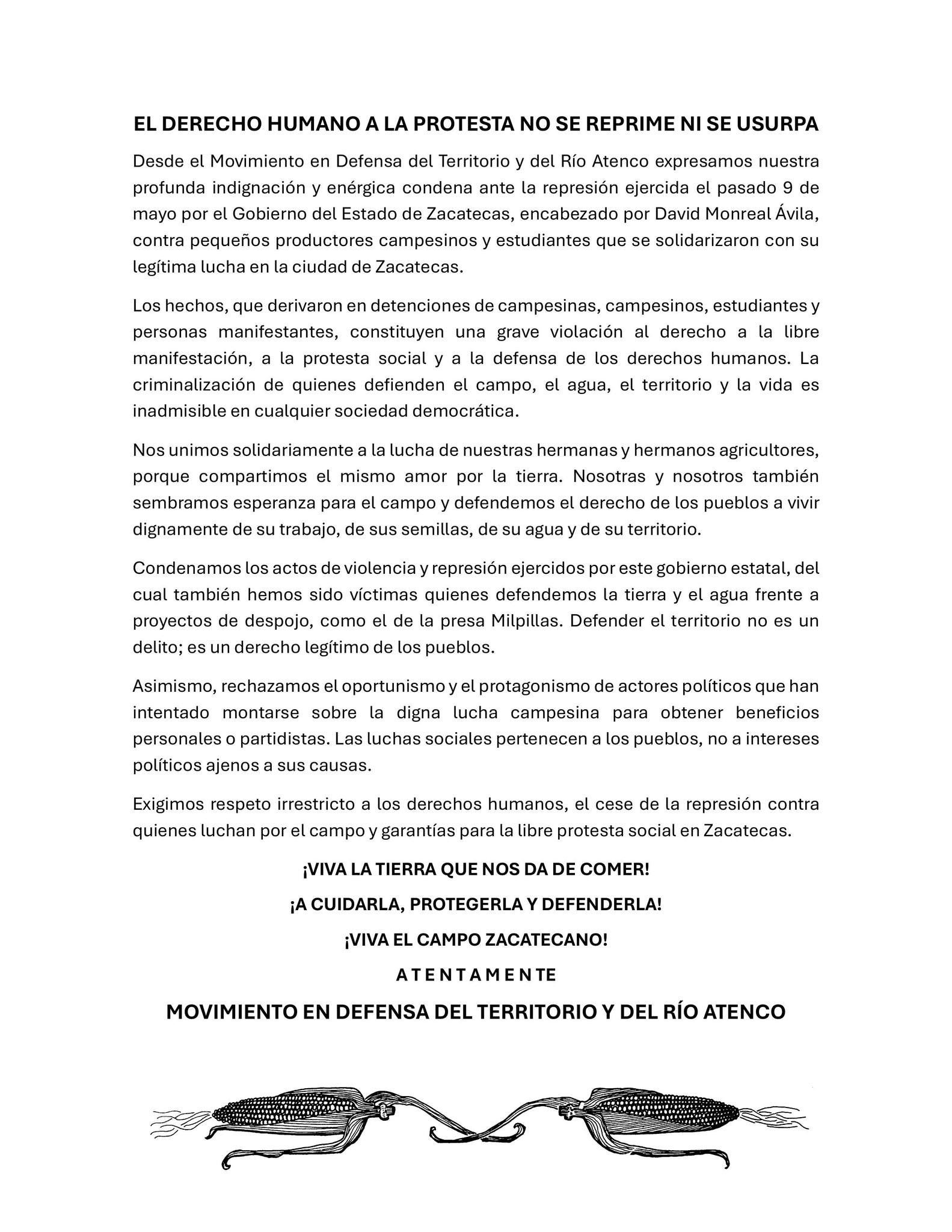 Condena Movimiento en Defensa del Territorio represión contra campesinos en Zacatecas