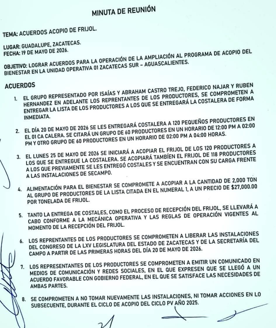 Firma de minuta destraba conflicto de frijoleros en Zacatecas