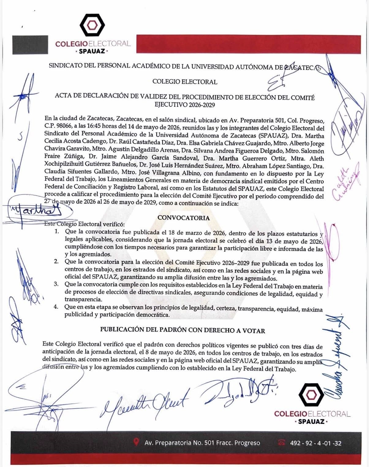 Declara Colegio Electoral validez del proceso en el SPAUAZ