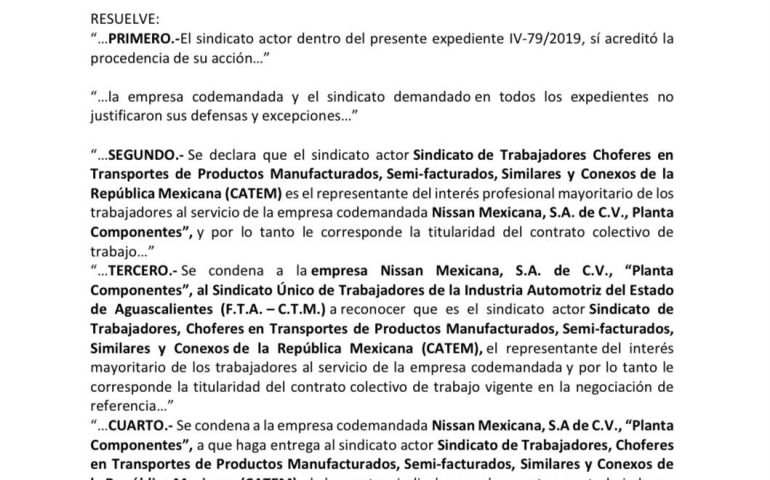 CATEM FINALMENTE ES TITULAR DEL CONTRATO COLECTIVO DE TRABAJO EN LA NISSAN