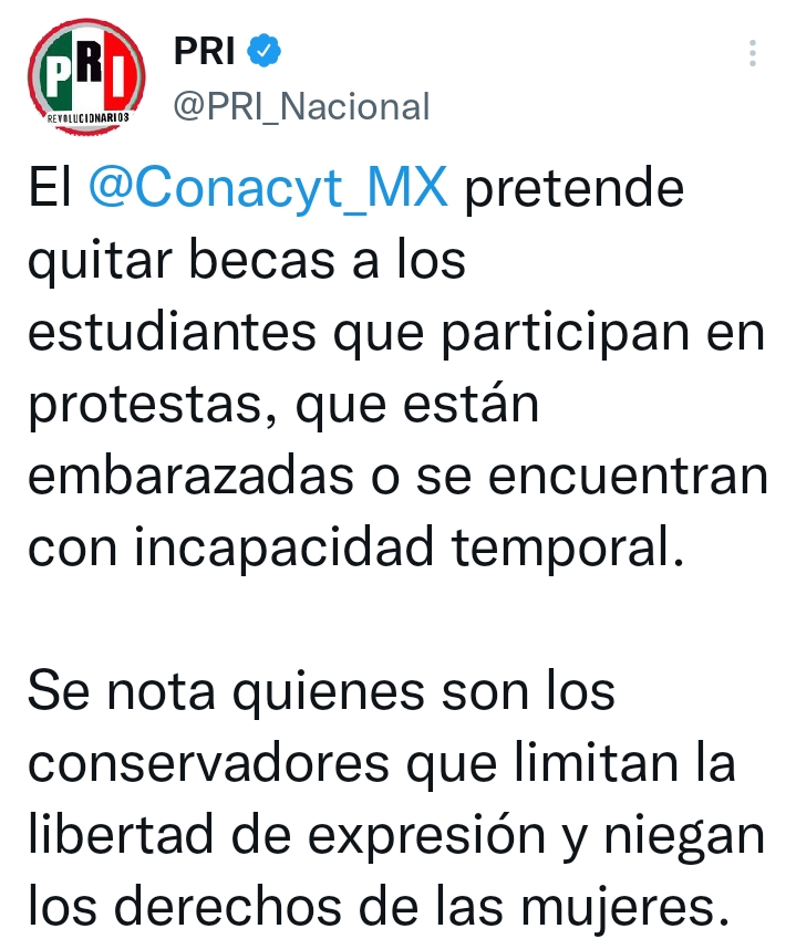 CONACYT LIMITA LIBERTAD DE EXPRESIÓN Y NIEGA DERECHOS DE LAS MUJERES: PRI