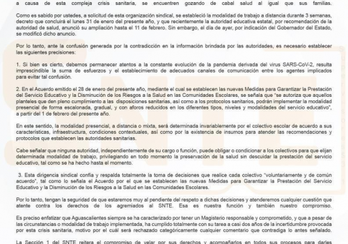 Señala SNTE en Aguascalientes que ninguna autoridad puede obligarlos a regreso de clases presenciales.