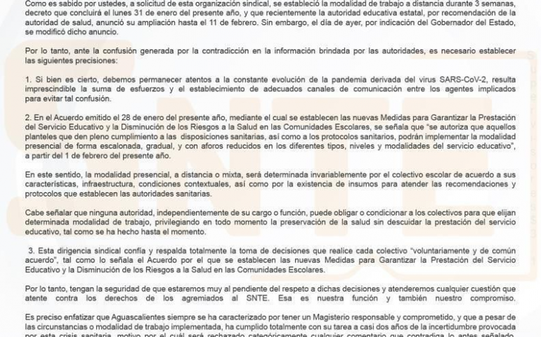 Señala SNTE en Aguascalientes que ninguna autoridad puede obligarlos a regreso de clases presenciales.