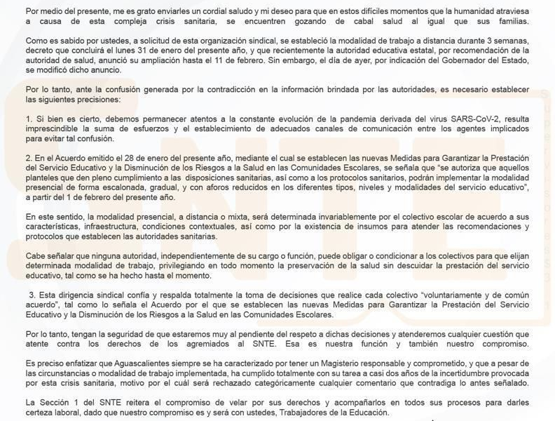 Señala SNTE en Aguascalientes que ninguna autoridad puede obligarlos a regreso de clases presenciales.