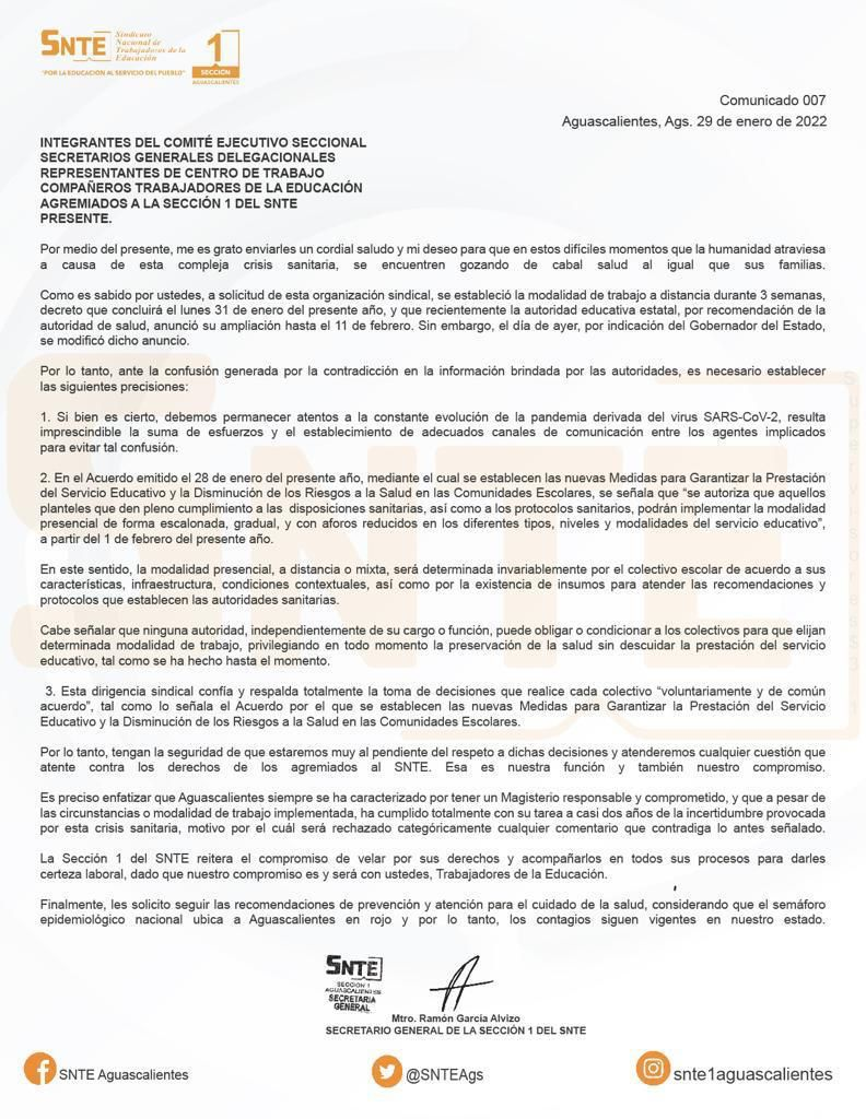 Señala SNTE en Aguascalientes que ninguna autoridad puede obligarlos a regreso de clases presenciales.