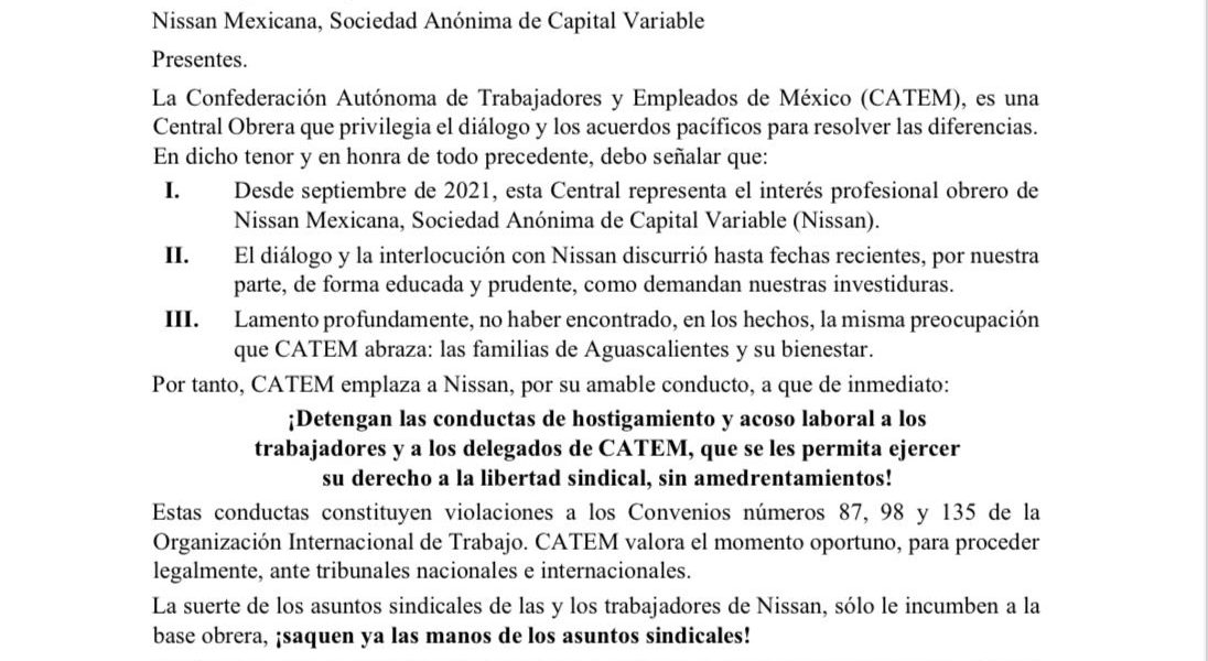 Catem Demanda a la Nissan Sacar las Manos del Sindicato