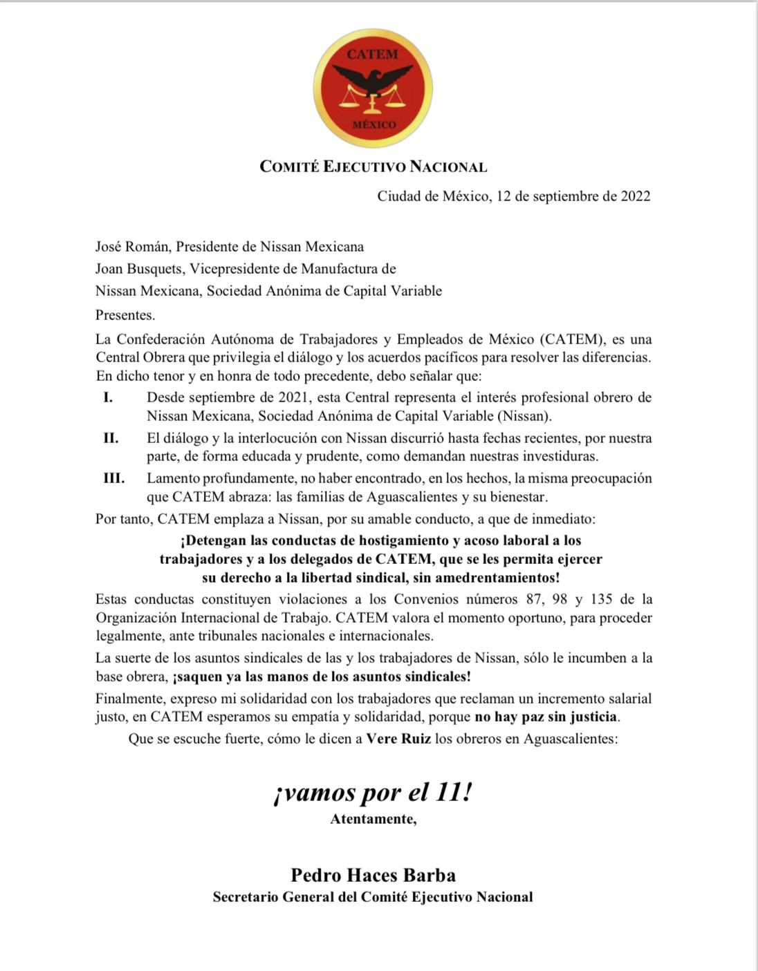 Catem Demanda a la Nissan Sacar las Manos del Sindicato