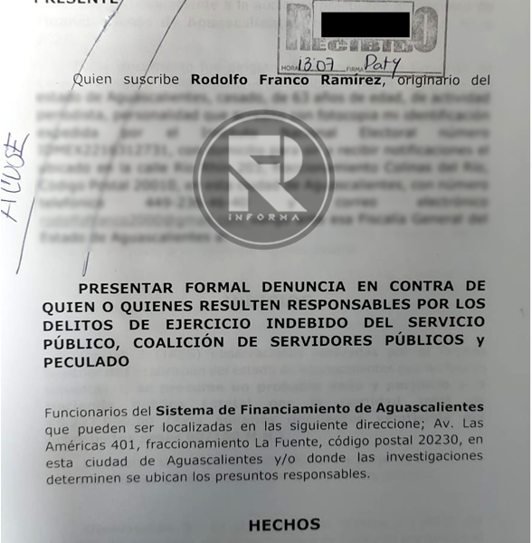 DENUNCIA RODOLFO FRANCO A FUNCIONARIOS DE SIFIA