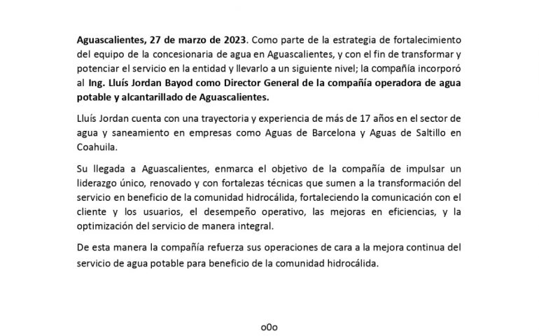 Asume nuevo liderazgo concesionaria de agua potable y alcantarillado de Aguascalientes